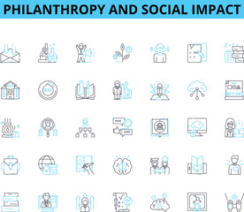 Philanthropy and social impact linear icons set. Charity, Giving, Donation, Volunteering, Impact, Community, Empowerment line vector and concept signs. Sustainability,Equality,Justice outline