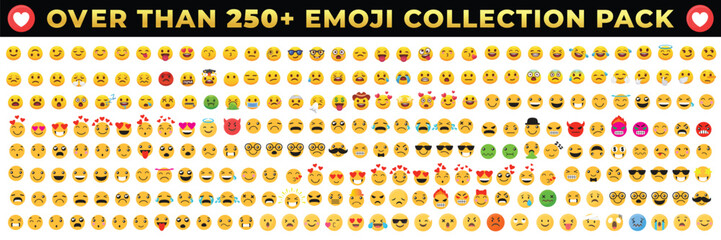 
Set of over than 250 plus emoji, vector illustration icons. Happy smile, sad crying face and angry facial expressions. Emoticons vector icons set, Cartoon emoji set. Cartoon emoticon emoji set.