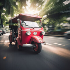 Thailand Red TukTuk Speeding in Bangkok, Thai Tuk Tuk Transport Travel Fast Blurry Background Motion Blur