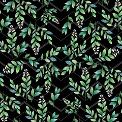 Seamless botanical watercolor pattern print Black background