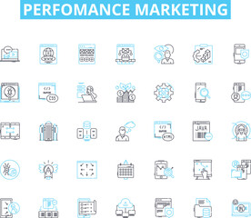 Perfomance marketing linear icons set. Conversion, Clickthrough, ROI, Impressions, Engagement, Analytics, Affiliates line vector and concept signs. Targeting,Campaigns,Commision outline illustrations