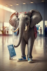 Elephant Returning from Holiday, Wearing Sunglasses with a Backpack and a Boarding Pass in the Airport. Generative ai