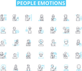 People emotions linear icons set. Happiness, Sadness, Anger, Love, Hate, Joy, Fear line vector and concept signs. Excitement,Anxiety,Contentment outline illustrations