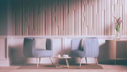 3d Illustration - Skandinavisches, nordisches Wohnzimmer mit zwei Stühlen und einem Tisch. - Textfreiraum - Platzhalter - Retro Look