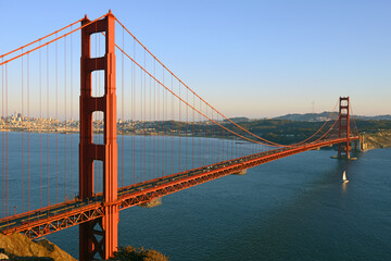 Fototapeta na wymiar San Francisco and Golden Gate Bridge from Marin Headlands. California, United States. Picturesque Autumn evening