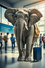 Elephant Returning from Holiday, Wearing Sunglasses with a Backpack and a Boarding Pass in the Airport. Generative ai
