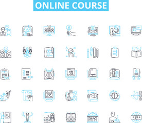 Online Course linear icons set. E-learning, Webinars, Certification, Video lessons, Courseware, Interactivity, Ongoing line vector and concept signs. Lectures,MOOC,Tools outline illustrations