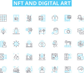 NFT and digital art linear icons set. Cryptocurrency, Blockchain, Tokenization, Digital, Arrk, Ownership, Authenticity line vector and concept signs. Rare,Collectible,Value outline illustrations