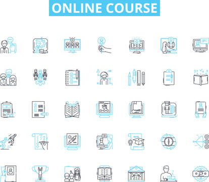 Online Course linear icons set. E-learning, Webinars, Certification, Video lessons, Courseware, Interactivity, Ongoing line vector and concept signs. Lectures,MOOC,Tools outline illustrations