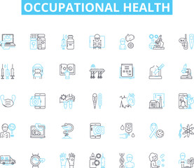 Occupational health linear icons set. Ergonomics, Hazards, Vaccinations, PPE, Wellness, Safety, Compliance line vector and concept signs. Inspection,Rehabilitation,Occupational therapy outline