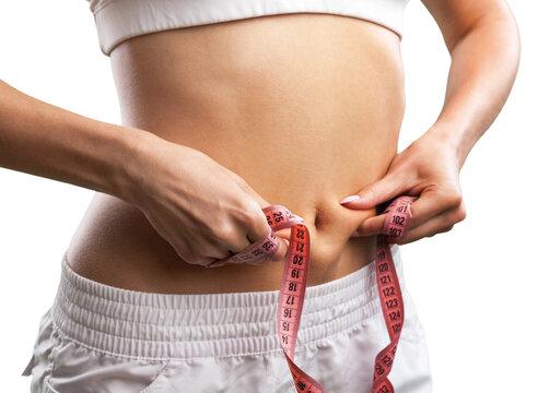 Getting rid of belly fat, diet, touching stomach holding measuring tape