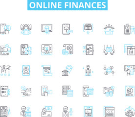 Online finances linear icons set. Budgeting, Savings, Investments, Credit, Debt, Stock, Cryptocurrency line vector and concept signs. Forex,Payment,Banking outline illustrations
