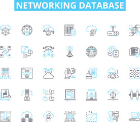 Networking database linear icons set. Connect, Collaboration, Relationships, Communication, Contacts, Sharing, Data line vector and concept signs. Integration,Synthesis,Exchange outline illustrations