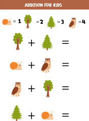 Addition for kids with different cute forest animals and trees.