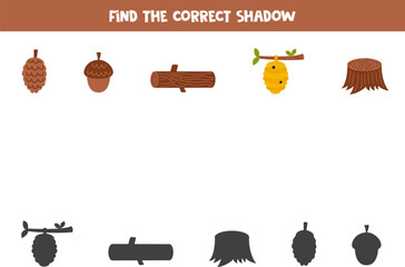 Find the correct shadows of cute forest elements. Logical puzzle for kids.