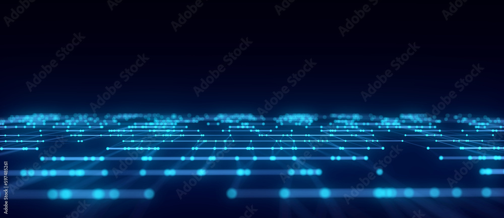 Aufkleber Music wave of particles and lines. Big data visualization. Abstract blue background with a dynamic wave. 3d rendering.
