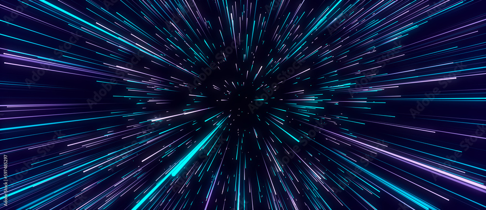 Aufkleber Abstract blue hyper jump. Digital hyperspace with flow of bright particles. Beams motion in galaxy. Big stars explosion. Space glowing tunnel moving at the speed of light. 3d rendering.