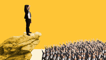 Businessman standing on rock, reaching success, overcoming challenges, difficulties. Moving forward to top. Contemporary art collage. Concept of personal and professional growth, business