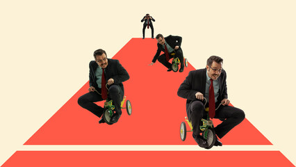 Motivated man, employee in formal wear riding on small bicycle on success. Competing with inner...