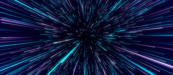 Abstract blue hyper jump. Digital hyperspace with flow of bright particles. Beams motion in galaxy. Big stars explosion. Space glowing tunnel moving at the speed of light. 3d rendering. - obrazy, fototapety, plakaty