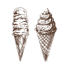 A hand-drawn sketch of a waffle cones with frozen yogurt or soft ice cream. Vintage illustration. Element for the design of labels, packaging and postcards.