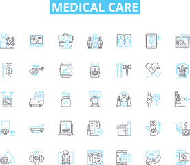 Medical care linear icons set. Diagnosis, Treatment, Prescription, Therapy, Check-up, Surgery, Medical line vector and concept signs. Health,Recovery,Rehabilitation outline illustrations