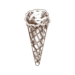 Fototapeta na wymiar A hand-drawn sketch of a waffle cone with frozen yogurt or soft ice cream. Vintage illustration. Element for the design of labels, packaging and postcards.