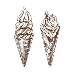 A hand-drawn sketch of a waffle cones with frozen yogurt or soft ice cream. Vintage illustration. Element for the design of labels, packaging and postcards.
