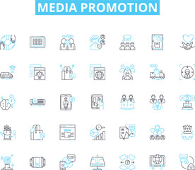 Media promotion linear icons set. Advertising, Broadcast, Publicity, Marketing, Outreach, Promotions, Exposure line vector and concept signs. Awareness,Campaigns,Communications outline illustrations