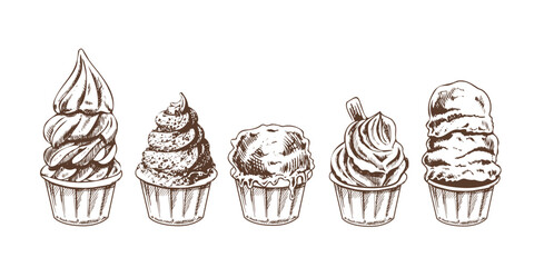 A hand-drawn sketch of ice cream balls, frozen yoghurt or cupcakes in cups. Set. Vintage illustration. Element for the design of labels, packaging and postcards.