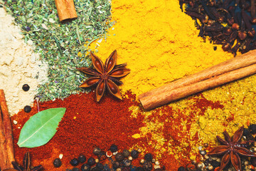 Spices and seasonings for cooking close-up.