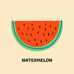 Summer doodle illustration of a watermelon slice. Vector illustration of healthy summer food with hand drawn inscription