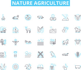 Nature agriculture linear icons set. Soil, Seeds, Harvest, Fertilizers, Irrigation, Cultivation, Livestock line vector and concept signs. Organic,Pesticides,Gardening outline illustrations