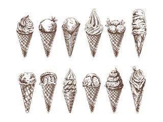 A hand-drawn sketch of a waffle cones with ice cream or frozen yoghurt. Vintage illustration. Set. Element for the design of labels, packaging and postcards.