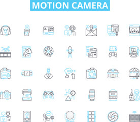 Motion camera linear icons set. Action, Adventure, Waterproof, Durability, Quality, Biking, Hiking line vector and concept signs. Mountaineering,Surfing,Snowboarding outline illustrations