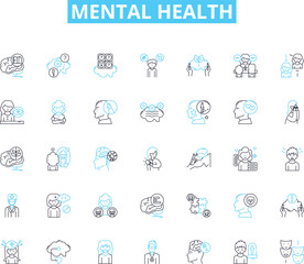 Mental health linear icons set. Anxiety, Depression, Bipolar, Schizophrenia, Trauma, Phobia, Obsession line vector and concept signs. Compulsion,Addiction,Panic outline illustrations