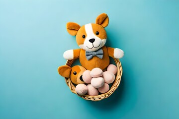 Naklejka premium Flat lay soft plush children toys in the basket isolated on pastel blue background with copy space