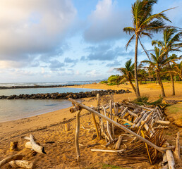 Fototapeta na wymiar Driftwood Shelter Built on Lydgate Beach at Lydgate Beach Park, Lihue, Kauai, Hawaii, USA