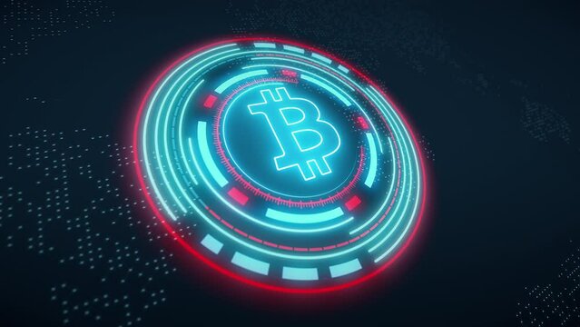 Video animation of bitcoin logo in blue with HUD in blue and red on dark background - digital currency - cryptocurrency