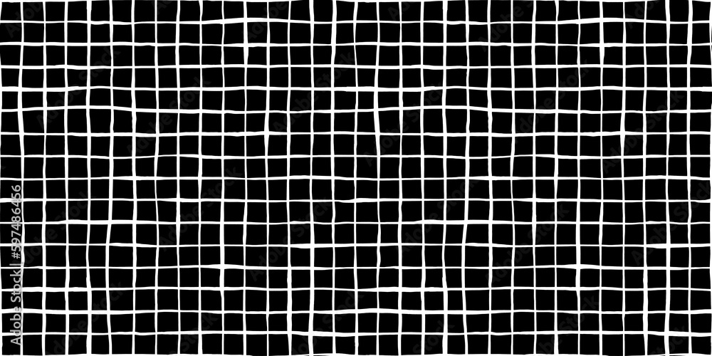 Poster seamless windowpane grid squares pattern made of wonky hand drawn white painterly lines on black bac