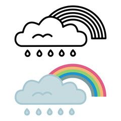 Rainbow Icons Behind Rainy Cloud. Vector Multicolored Rainbow. Weather Icon
