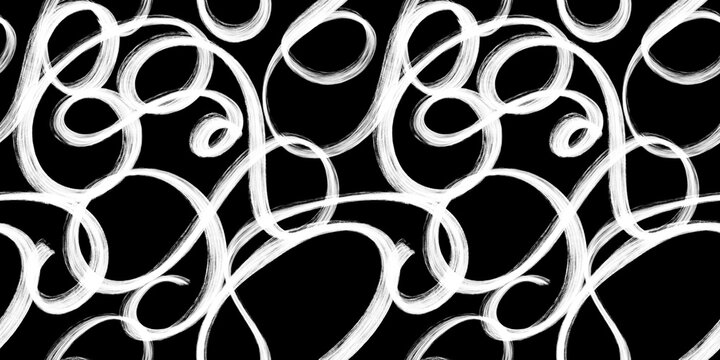 Seamless whimsical abstract hand drawn graffiti scribble pattern or freestyle swirl motif. Monochrome bold white paint strokes texture on black background in a trendy painterly doodle line art style.