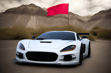 Naklejka premium Race car driver speeding through desert landscape
