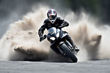 Motorcycle racer leaving competitors behind in the dust - obrazy, fototapety, plakaty