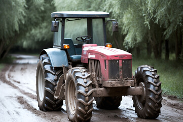 Tractor on a muddy country road
