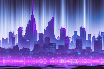 Violet illuminated cityscape at night