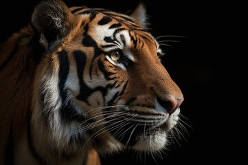 Majestic tiger close up profile view on black background