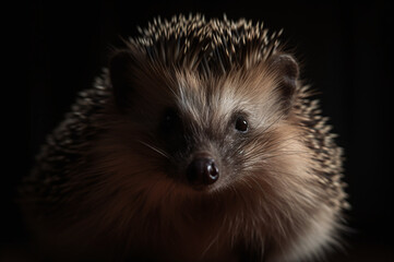 Fototapeta premium Hedgehog in the dark looking at the camera