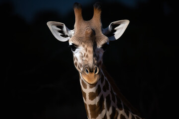  A beautiful giraffe looking to the camera with a black background