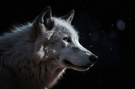 A wolf illuminated by moonlight in the night sky